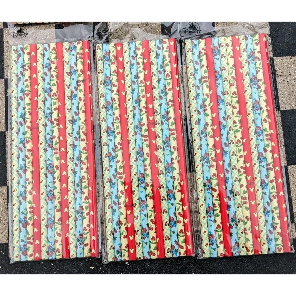 Disney Parks‎ Paper Straws 6 PKG Mickey Mouse Cherry Floral 12 Per PKG 72 Total